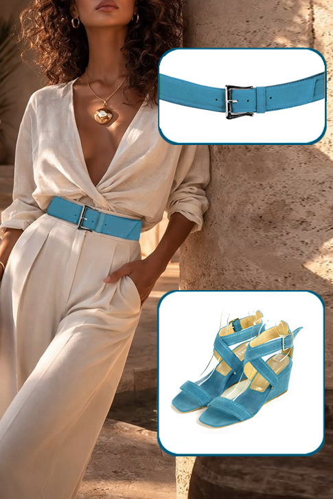 Women's peacock blue elegant fully open cross straps sandals. Square toe. Medium wedge heels - Worn view
